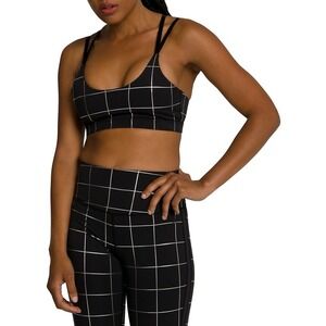 NEW Good American Black Silver Grid Foil-Print Sports Bra 1/S As Seen On Chloe K